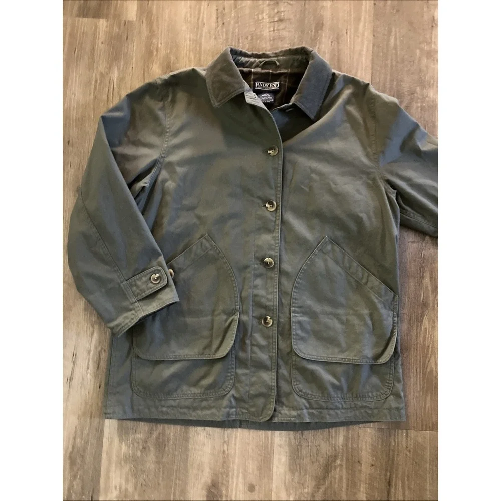Lands' End Barn Coat Mens Large Green Canvas Field Jacket Corduroy Plaid Lined